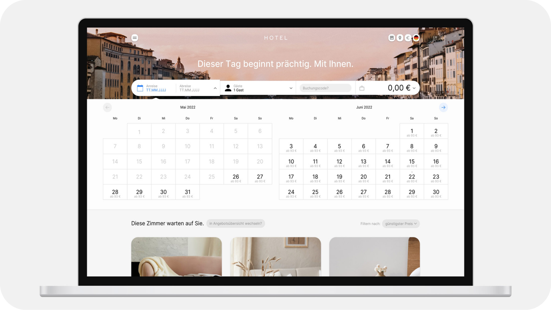 Desktop zeigt Kalenderübersicht im OnePageBooking.